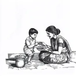 Line drawing of a mother feeding her child